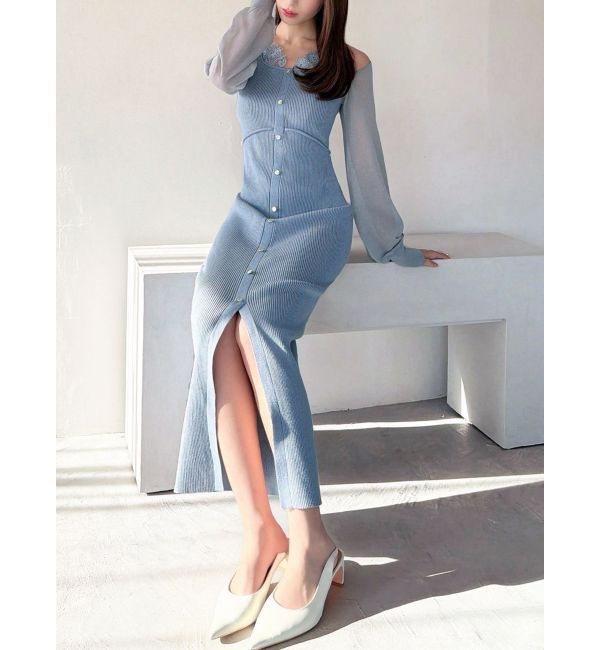 RESEXXY「レースレイヤードリブニットワンピース」|ワンピース|ブルー