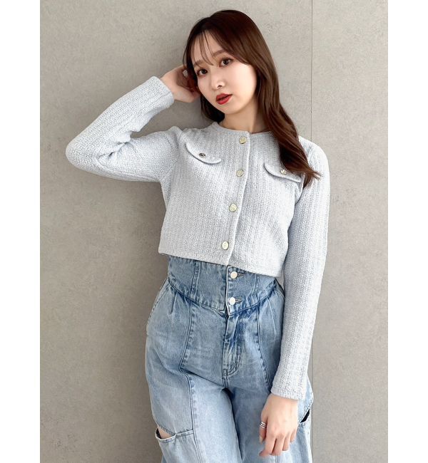 dazzlin「スプリングニットジャケット」|ノーカラージャケット|ブルー