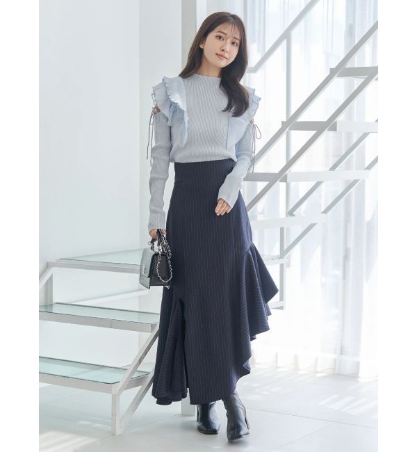 MERCURYDUO「異素材プリーツラッフルリブニット」|ニット・セーター|