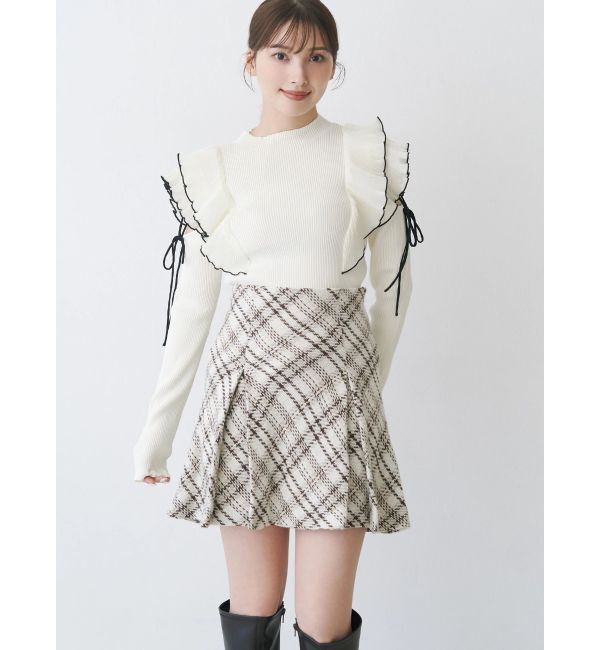 MERCURYDUO「異素材プリーツラッフルリブニット」|ニット・セーター|