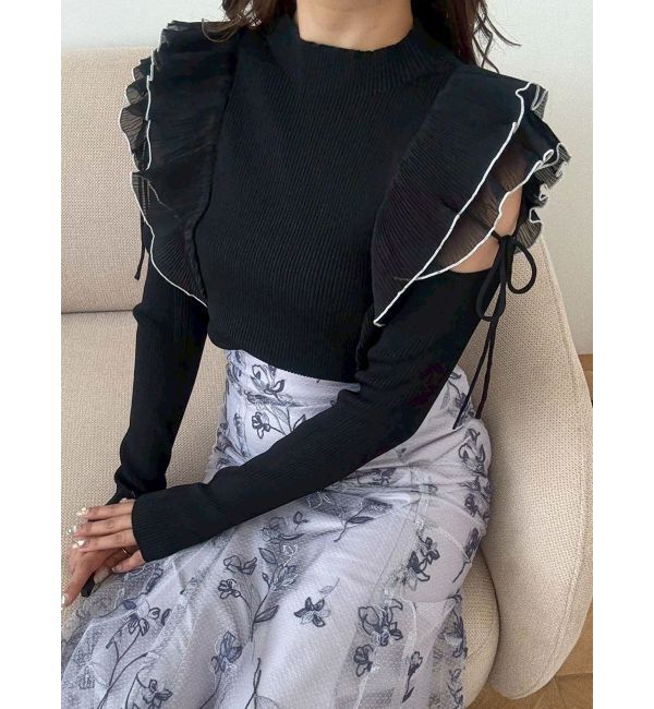 MERCURYDUO「異素材プリーツラッフルリブニット」|ニット・セーター|