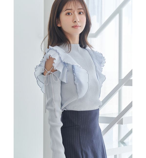 MERCURYDUO「異素材プリーツラッフルリブニット」|ニット・セーター|ブルー