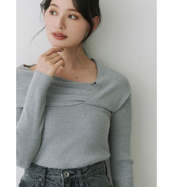 MERCURYDUO「アシメドレープコンパクトニット」|ニット・セーター|ライトグレー
