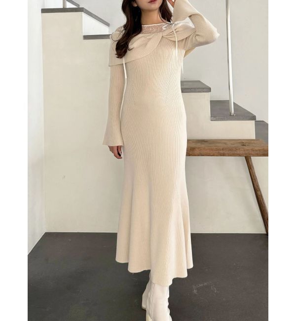 MERCURYDUO「レース切替オフショルニットワンピース」|ワンピース|