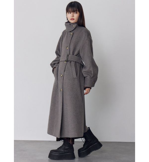MURUA「スタンドネックダブルカラーコート」|ステンカラーコート|グレー