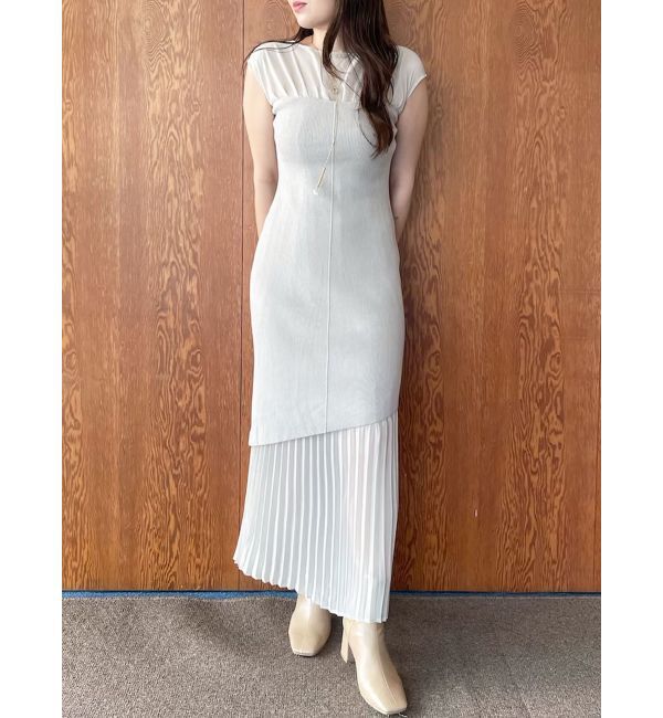 LAGUNAMOON「シフォンプリーツニットドッキングワンピース」|ワンピース|ベージュ