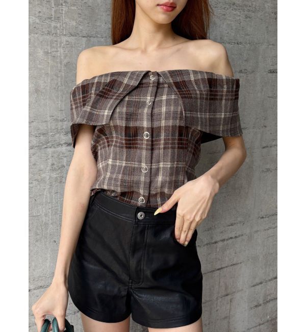 EVRIS「チェックオフショルブラウス」|シャツ・ブラウス|ブラウン