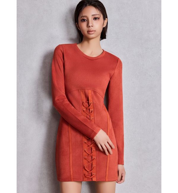 GYDA「フロントレースアップタイトミニワンピース」|ワンピース|オレンジ