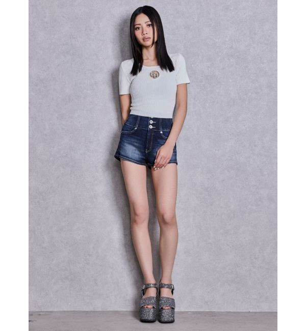 GYDA「ハイウエストボタンBACKカーブクロスGYDA chainデニムショートパンツ」|デニム|