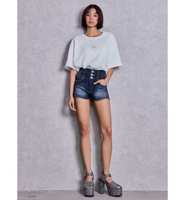 GYDA「ハイウエストボタンBACKカーブクロスGYDA chainデニムショートパンツ」|デニム|