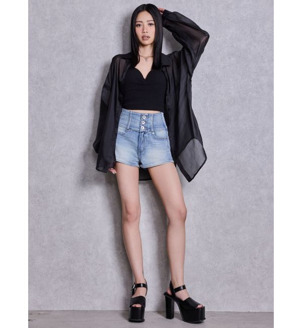 GYDA「ハイウエストボタンBACKカーブクロスGYDA chainデニムショートパンツ」|デニム|