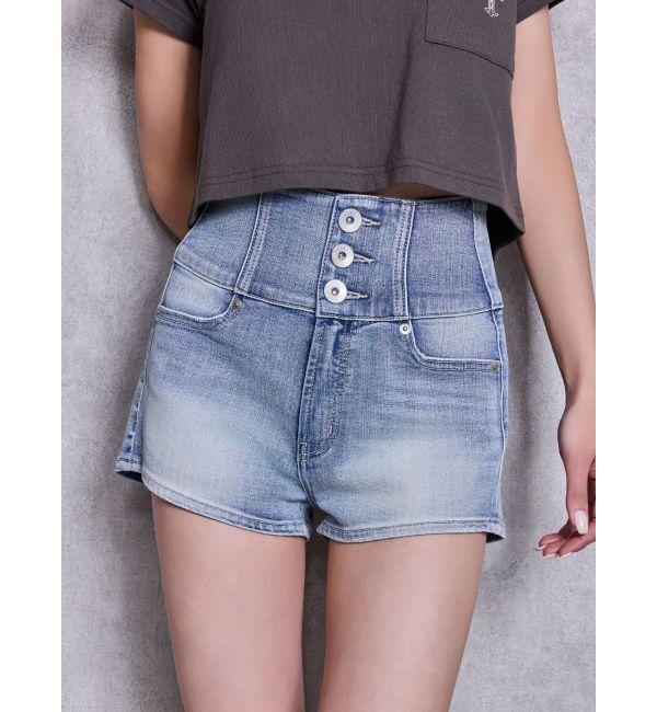 GYDA「ハイウエストボタンBACKカーブクロスGYDA chainデニムショートパンツ」|デニム|