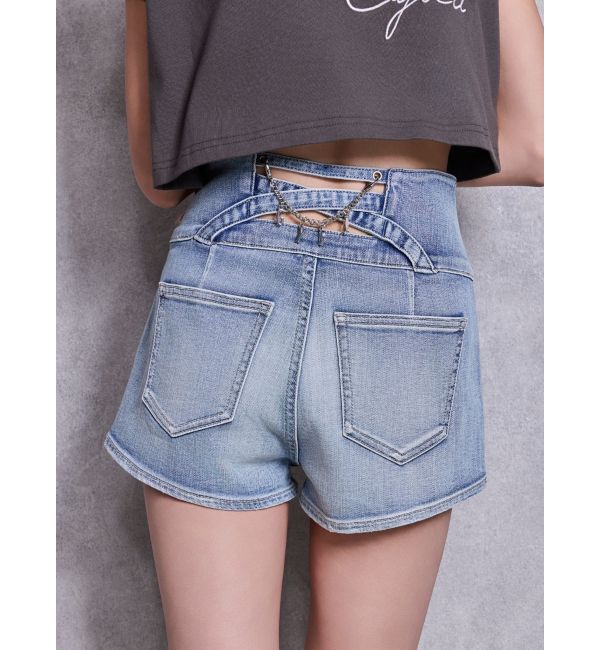 GYDA「ハイウエストボタンBACKカーブクロスGYDA chainデニムショートパンツ」|デニム|