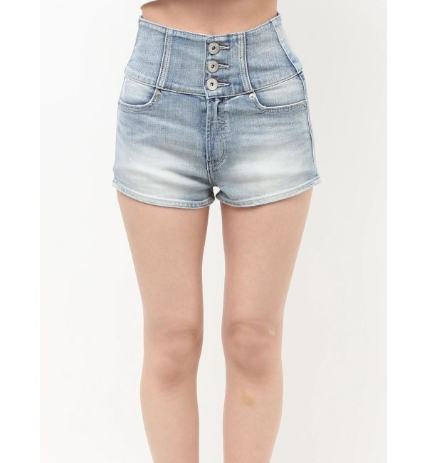 GYDA「ハイウエストボタンBACKカーブクロスGYDA chainデニムショートパンツ」|デニム|