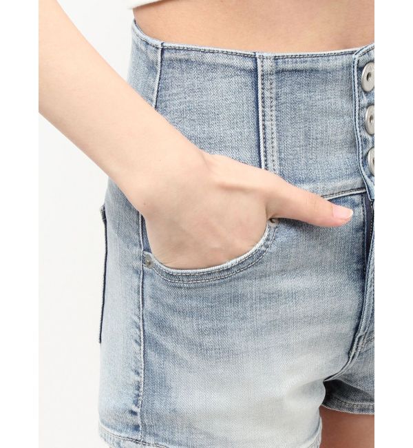 GYDA「ハイウエストボタンBACKカーブクロスGYDA chainデニムショートパンツ」|デニム|
