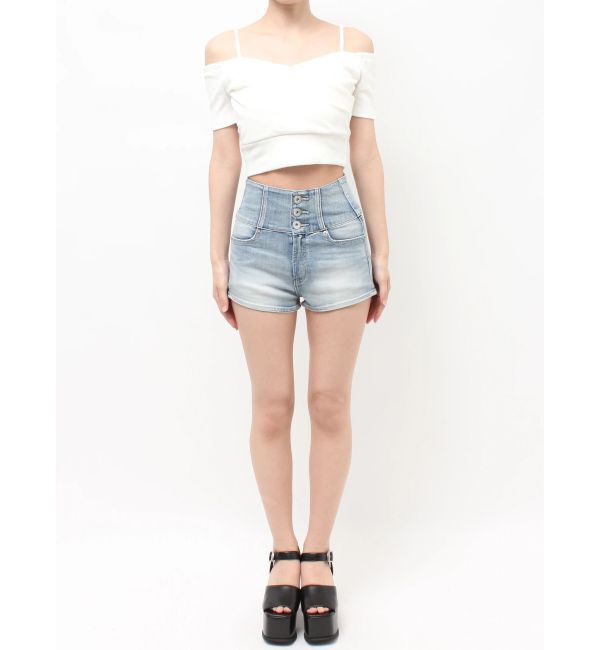 GYDA「ハイウエストボタンBACKカーブクロスGYDA chainデニムショートパンツ」|デニム|