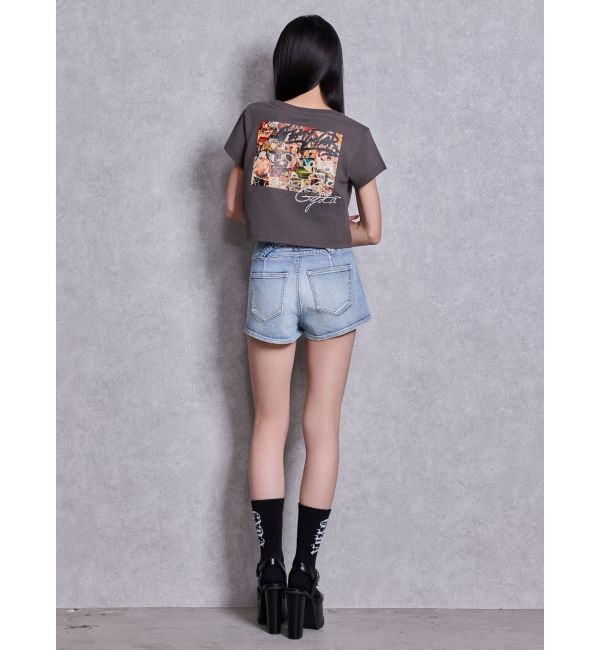 GYDA「ハイウエストボタンBACKカーブクロスGYDA chainデニムショートパンツ」|デニム|