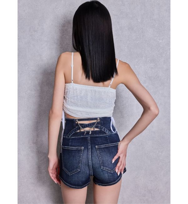 GYDA「ハイウエストボタンBACKカーブクロスGYDA chainデニムショートパンツ」|デニム|