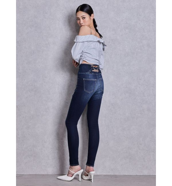 GYDA「ハイウエストボタンBACKカーブクロスGYDA chainスキニーデニムパンツ」|デニム|