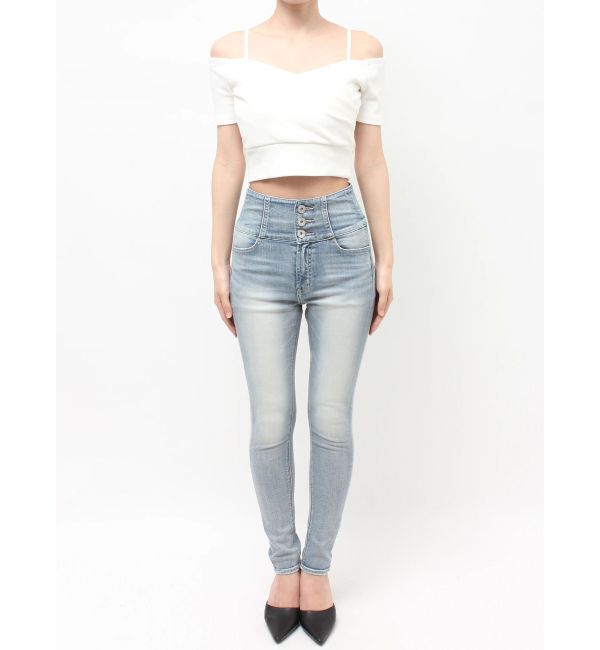 GYDA「ハイウエストボタンBACKカーブクロスGYDA chainスキニーデニムパンツ」|デニム|