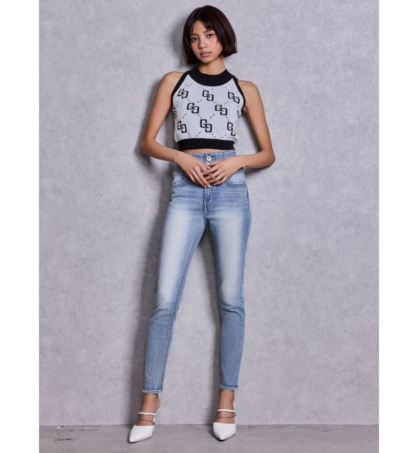 GYDA「ハイウエストボタンBACKカーブクロスGYDA chainスキニーデニムパンツ」|デニム|