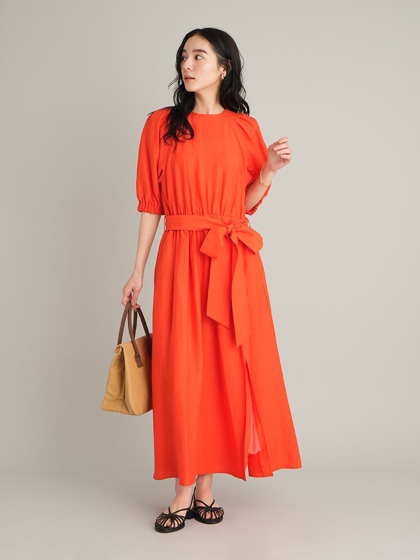 Mila Owen「【ウォッシャブル】パフスリーブブラウジングワンピース」|ワンピース|RED