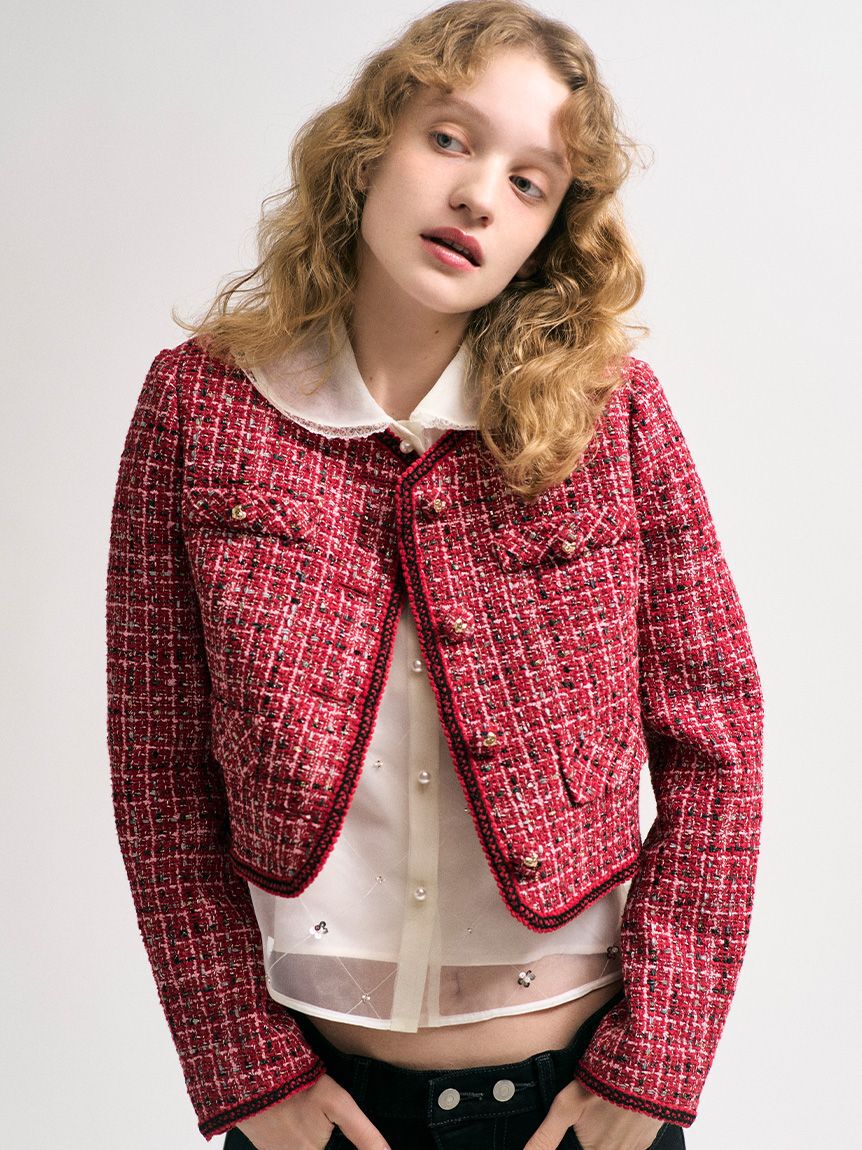 LILY BROWN「ツイードジャケット」|ノーカラージャケット|RED