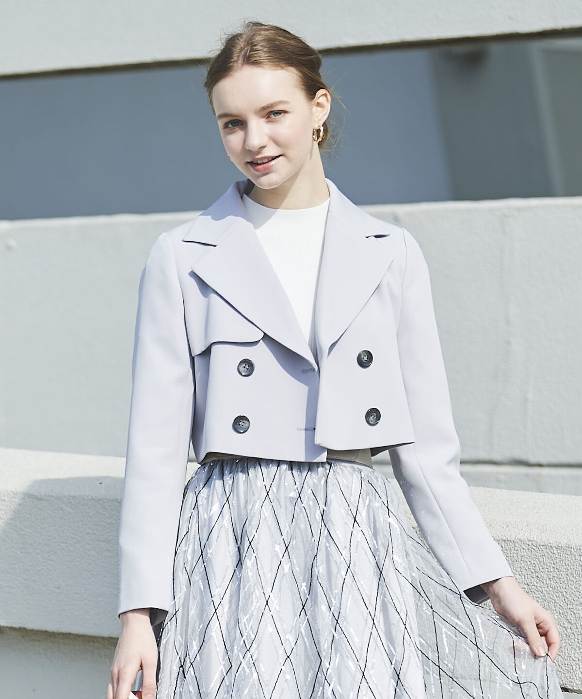 アンドクチュール「ダブルクロスショートトレンチ」|トレンチコート|ライトグレー