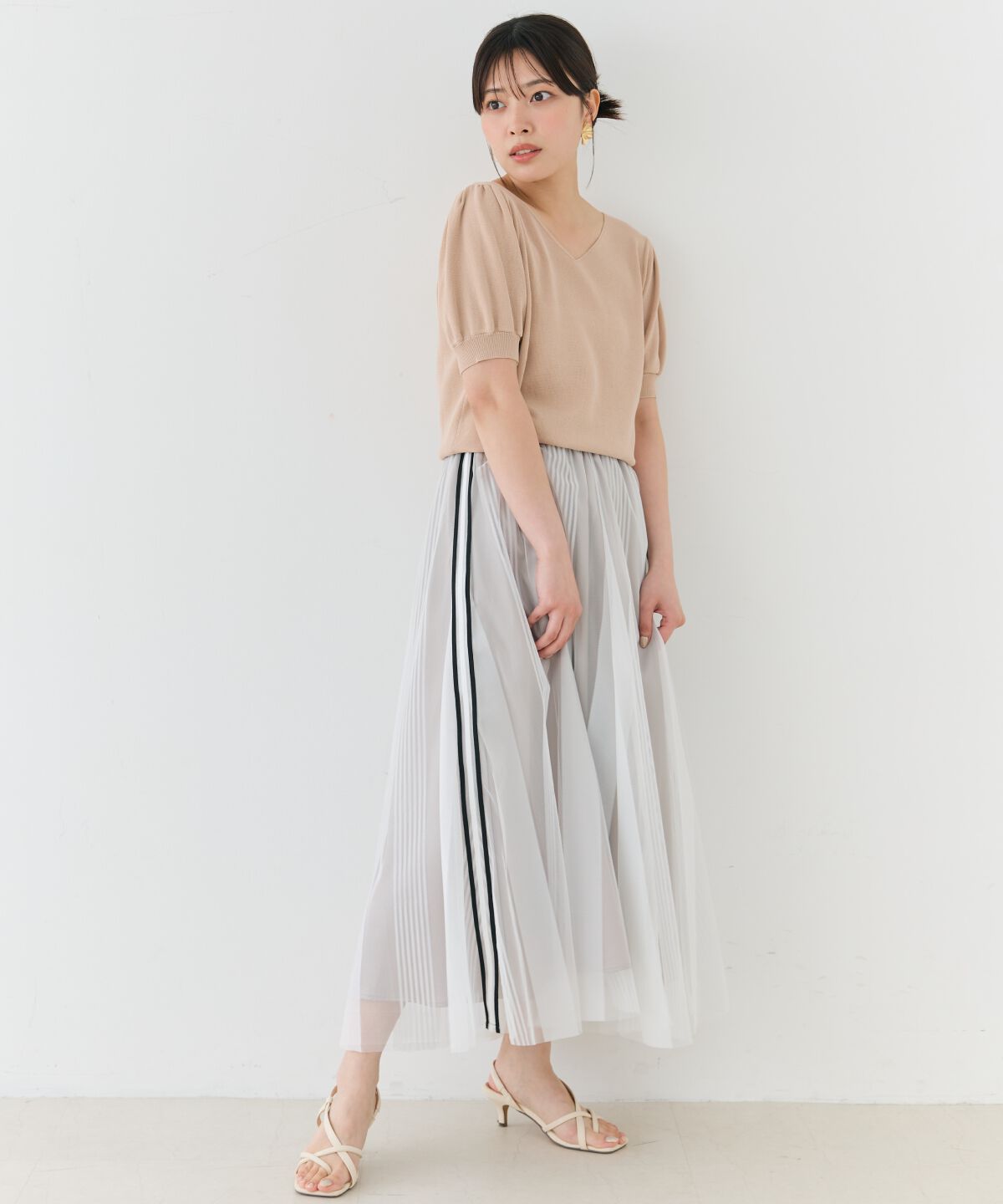 アンドクチュール「ウエストリブサイドラインストライプ&times;チュールロングスカート」|フレア|