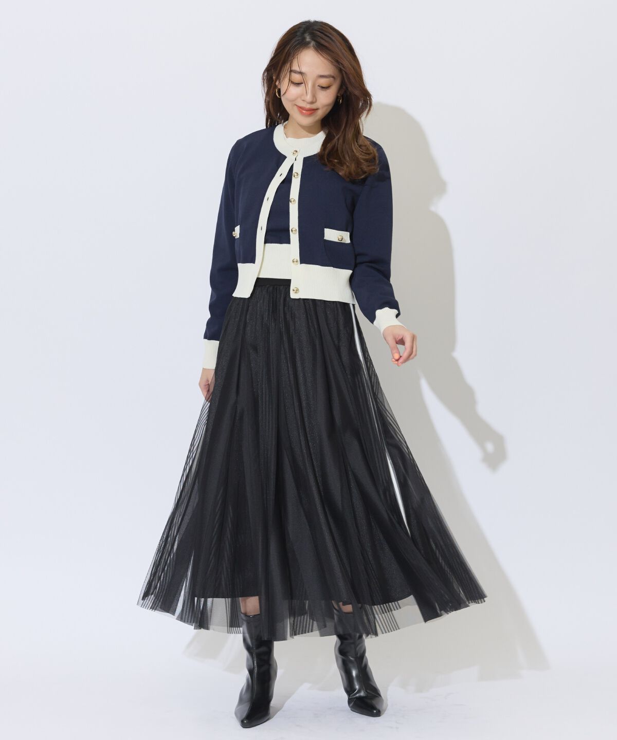 アンドクチュール「ウエストリブサイドラインストライプ&times;チュールロングスカート」|フレア|