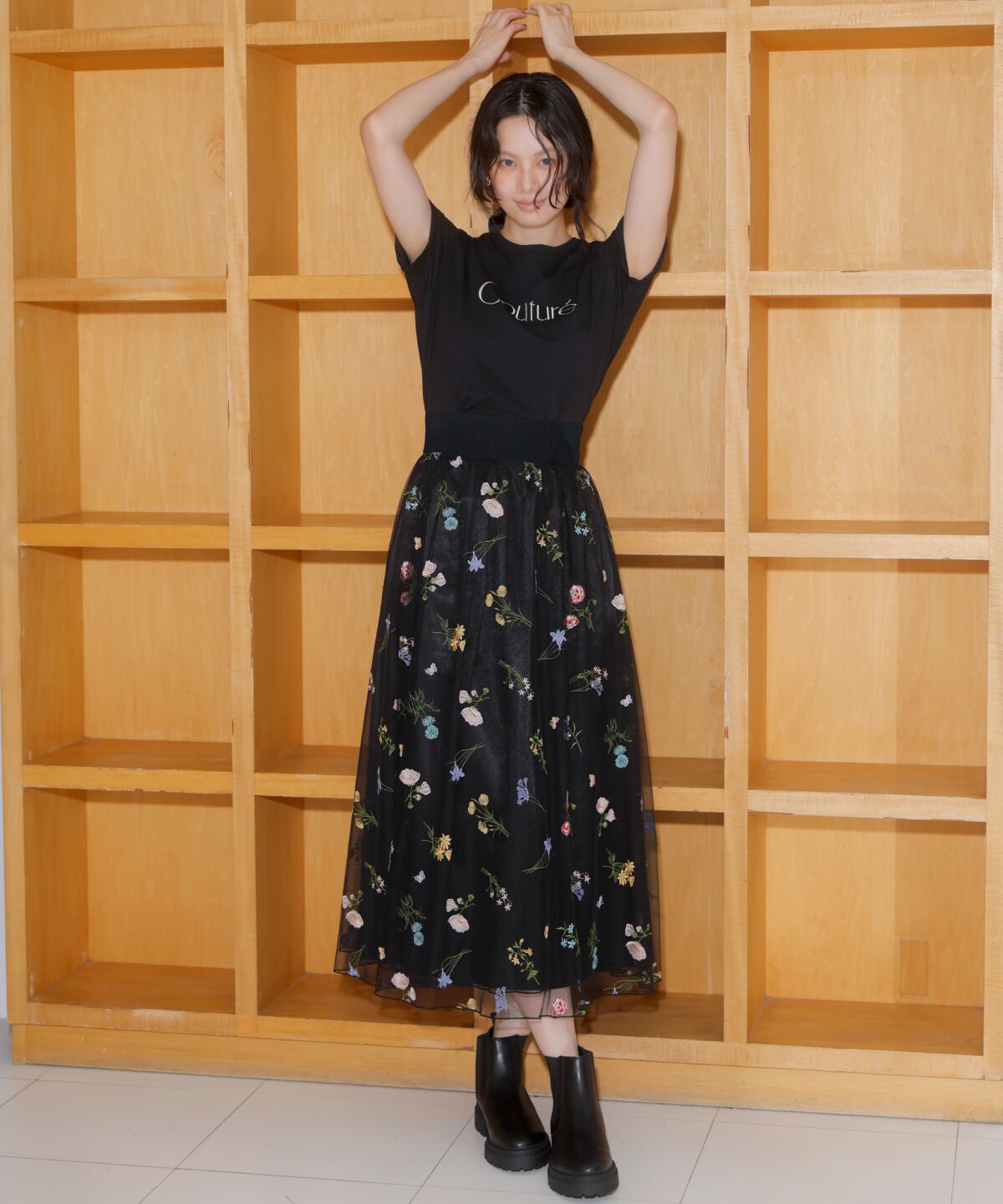 アンドクチュール「ボタニカル柄刺繍チュールスカート」|フレア|