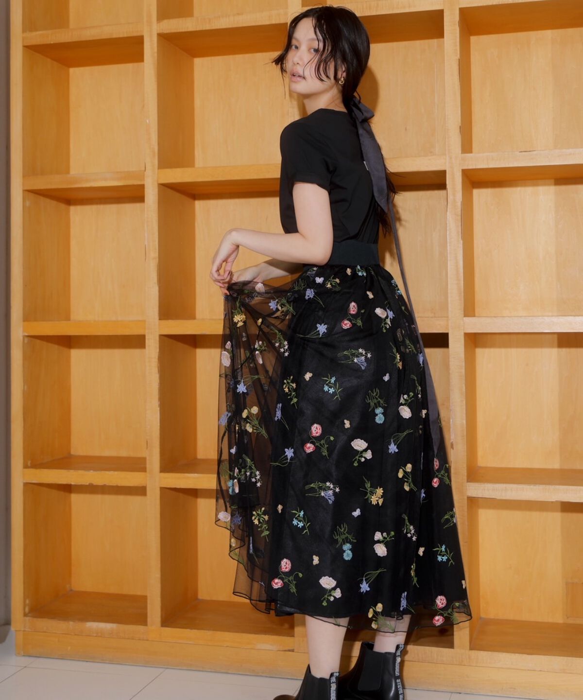 アンドクチュール「ボタニカル柄刺繍チュールスカート」|フレア|