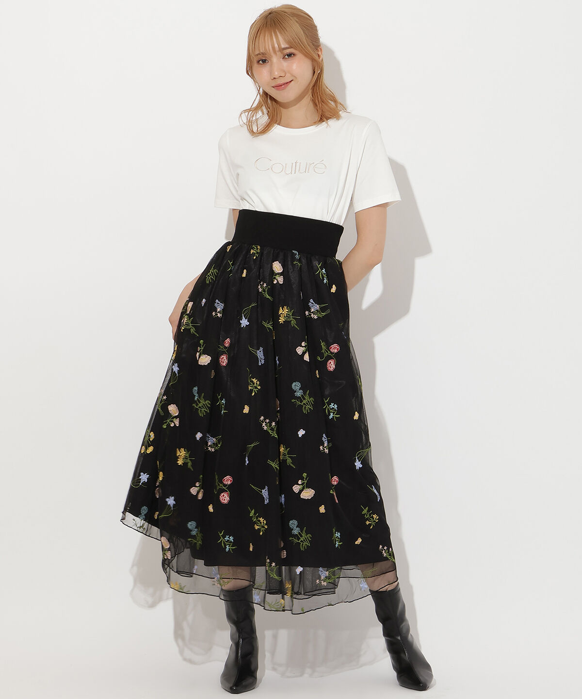 アンドクチュール「ボタニカル柄刺繍チュールスカート」|フレア|