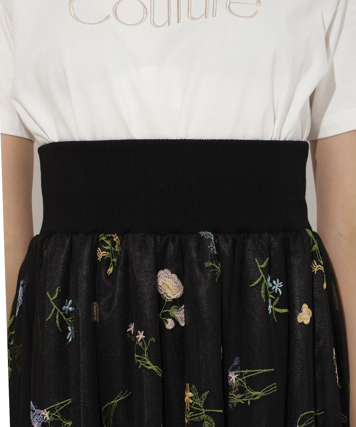 アンドクチュール「ボタニカル柄刺繍チュールスカート」|フレア|