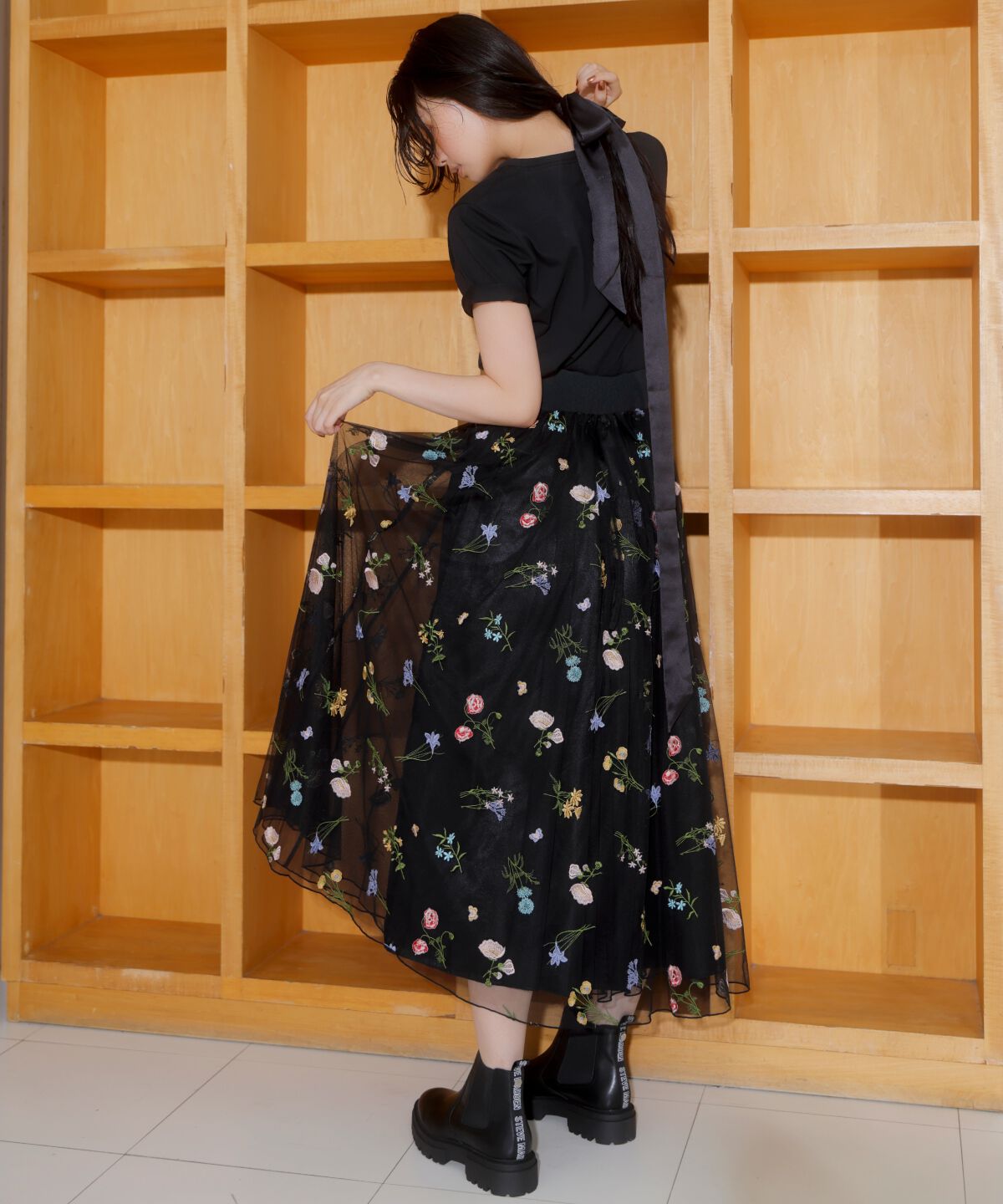 アンドクチュール「ボタニカル柄刺繍チュールスカート」|フレア|