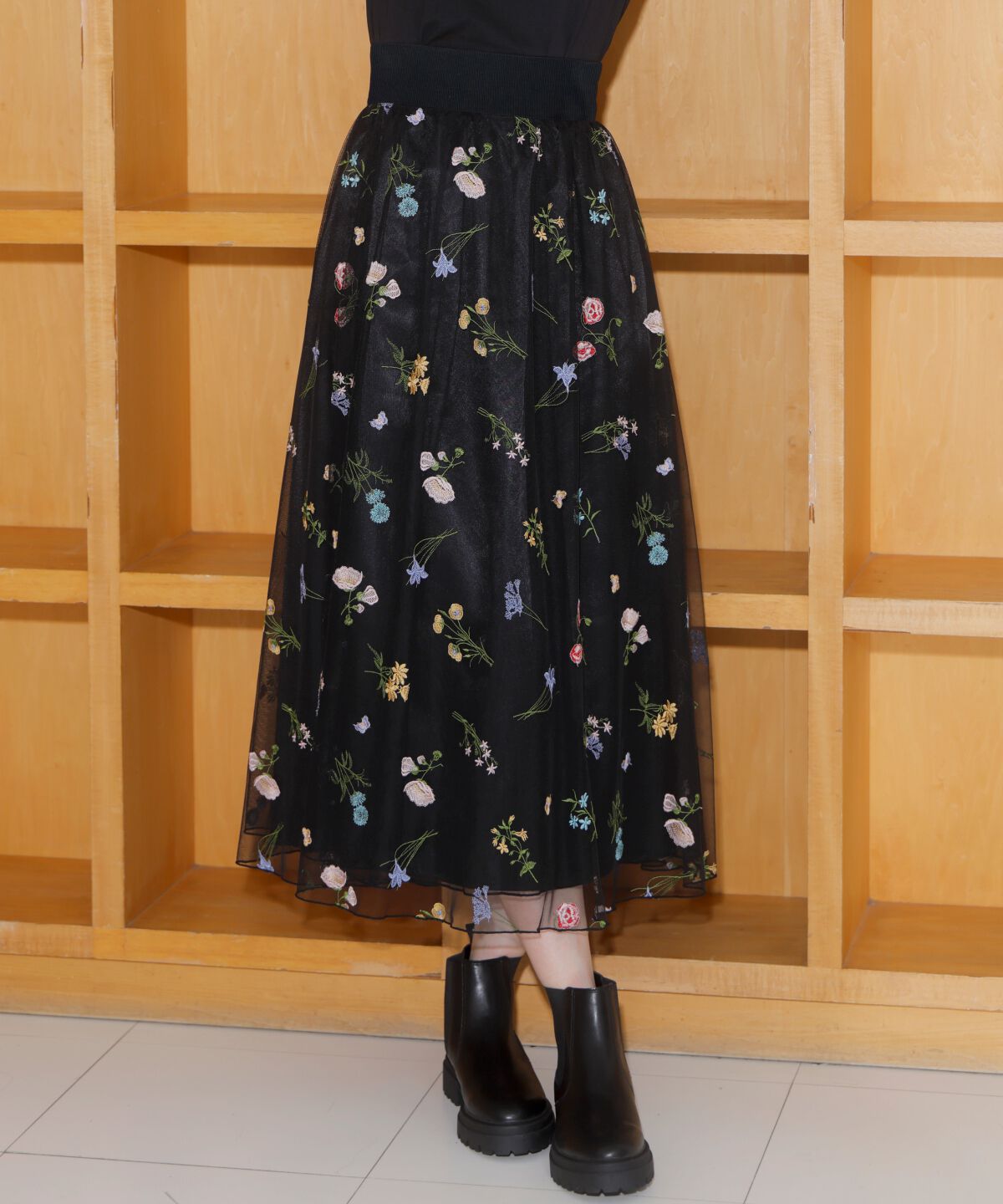 アンドクチュール「ボタニカル柄刺繍チュールスカート」|フレア|