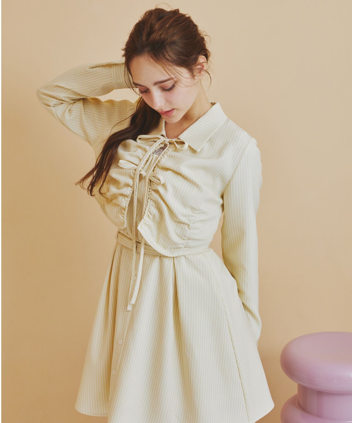 REDYAZEL「フロントシャーリングシャツ＆ストライプミニワンピースセット」|ワンピース|