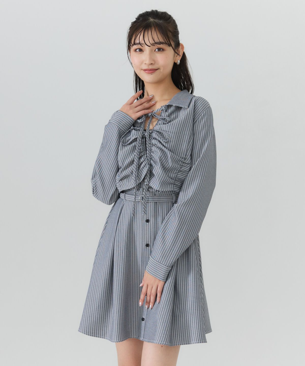 REDYAZEL「フロントシャーリングシャツ＆ストライプミニワンピースセット」|ワンピース|black/borderｽﾄﾗｲﾌﾟ