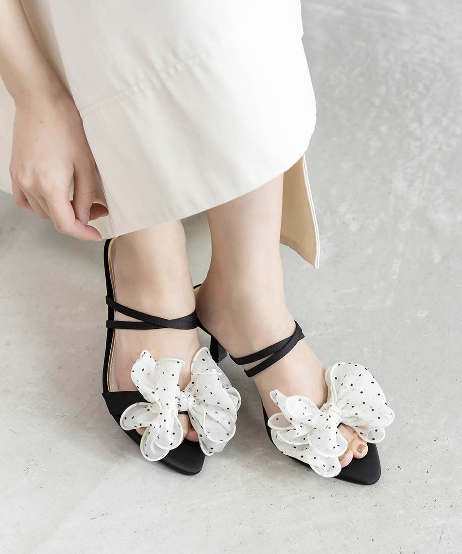  「シフォンリボンミュールサンダル」|パンプス|ブラック