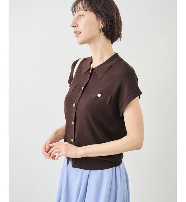 Rope&rsquo;Picnic「八方映えニット 金ボタンフレンチスリーブポロカラーカーディガン/UVカット・接触冷感・イージーケア」|カーディガン|