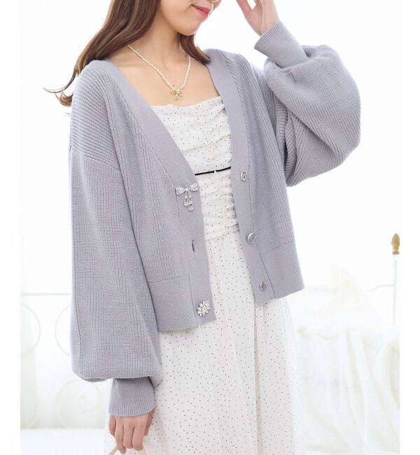  「キラキラモチーフビジューボタンカーデ」|カーディガン|ブルー