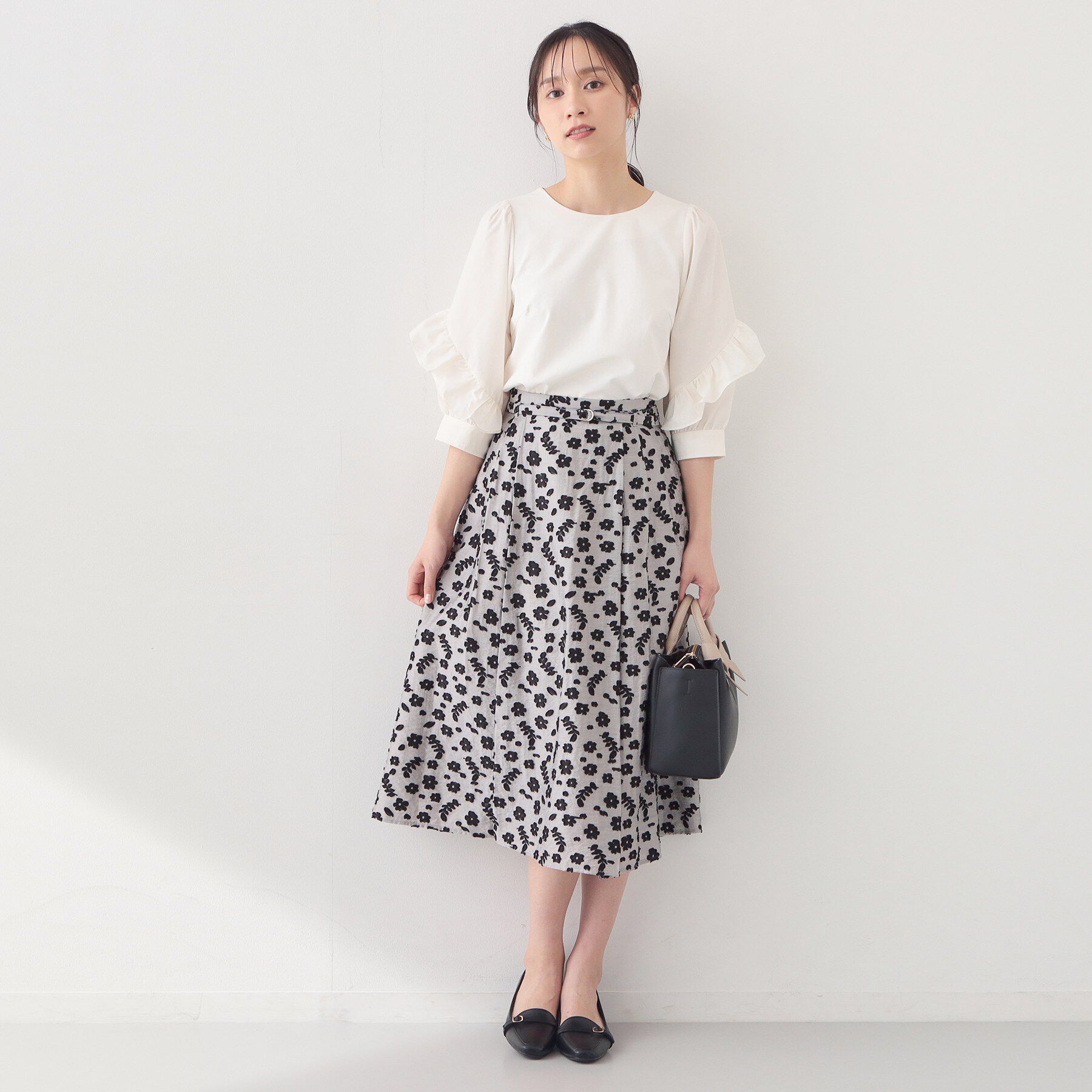 index「麻調花柄ジャカードフレアスカート【洗える】」|スカート|