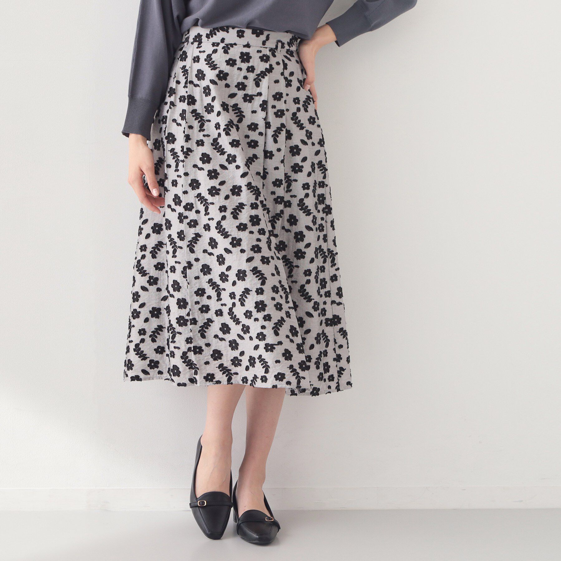 index「麻調花柄ジャカードフレアスカート【洗える】」|スカート|