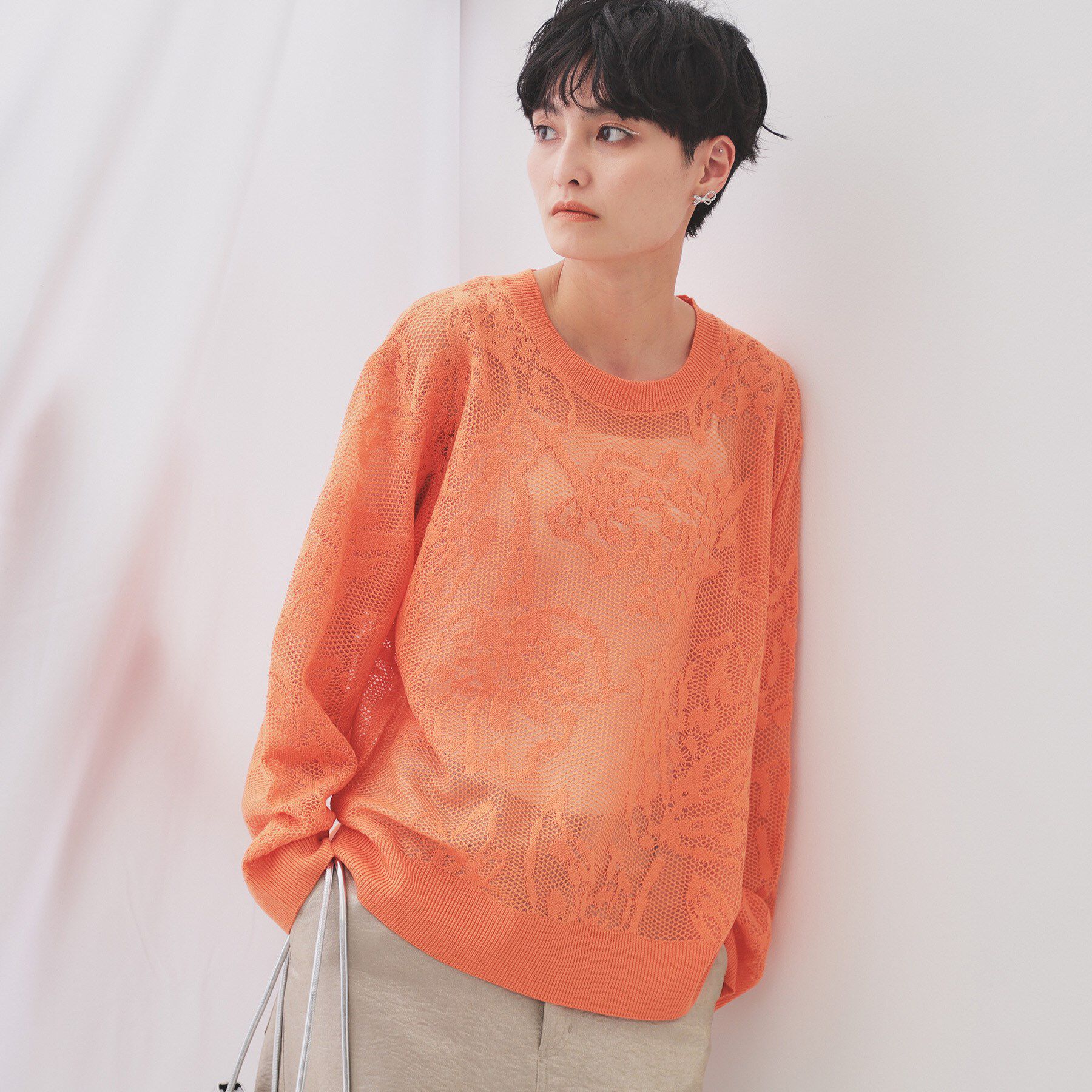 OPAQUE.CLIP「フワラー柄シアーメッシュニット【洗濯機洗い可】」|ニット・セーター|オレンジ(066)