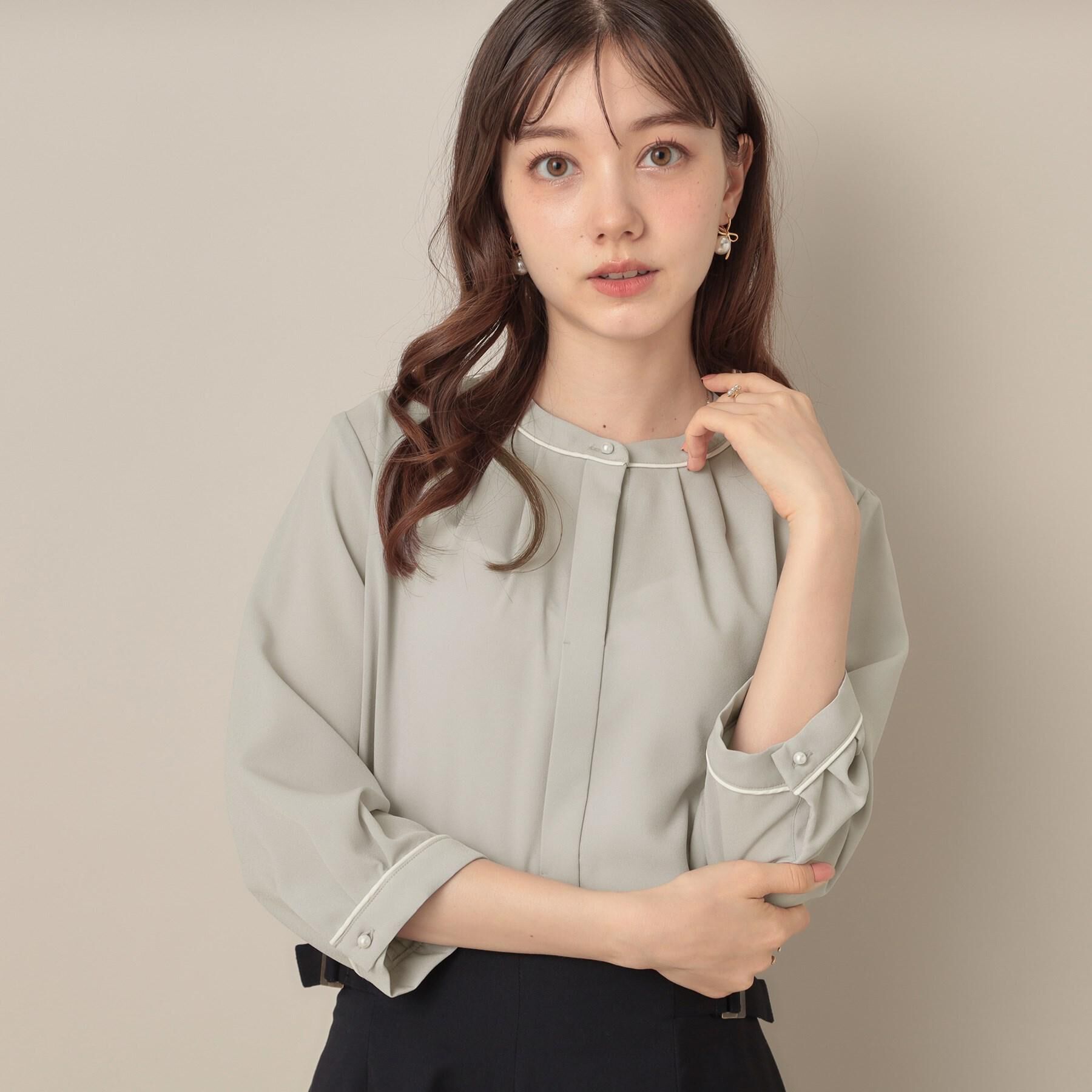 Couture broach「【6分袖・通勤】配色ジョーゼットブラウス」|シャツ・ブラウス|グレー(512)