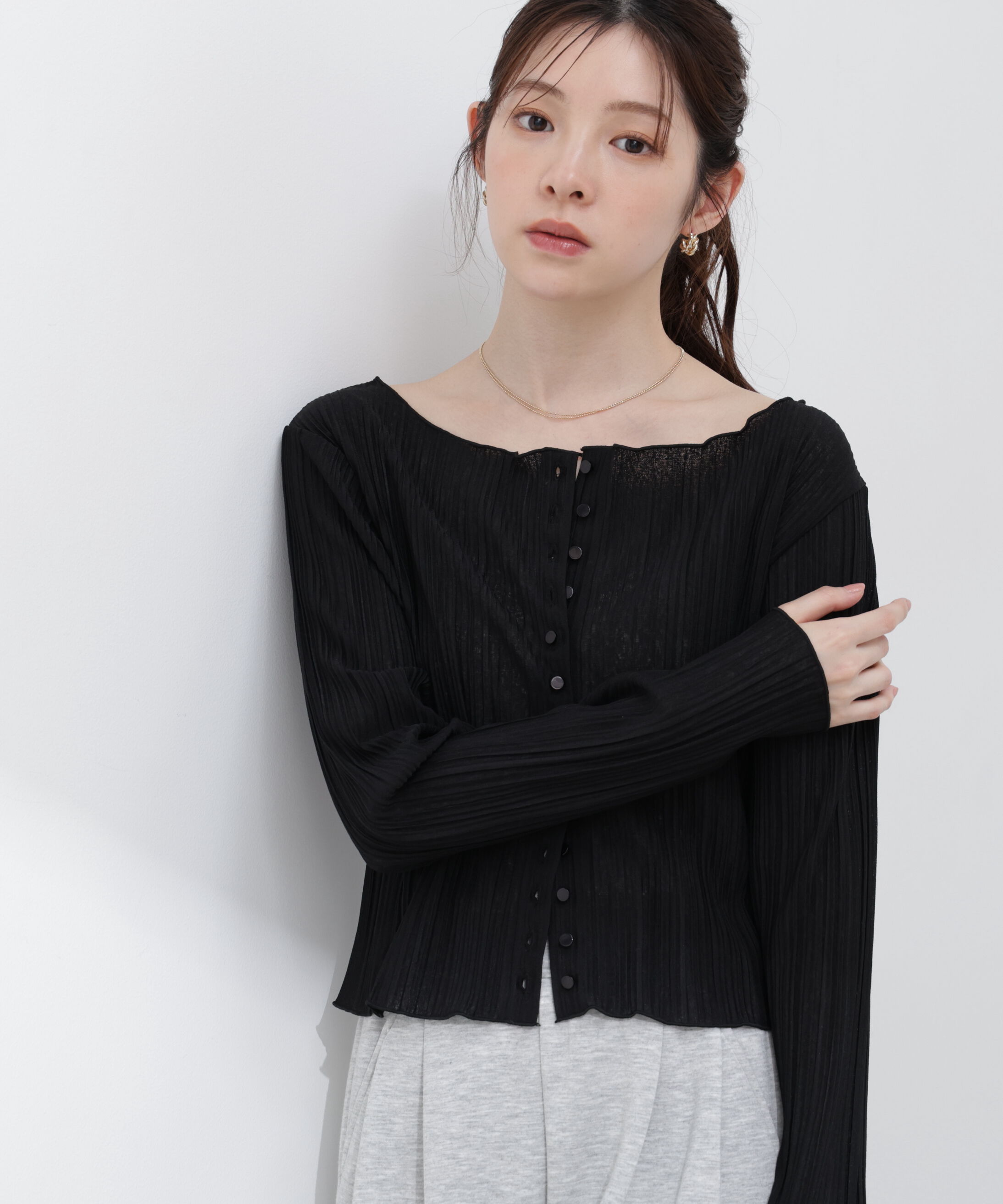 PROPORTION BODY DRESSING「〈a/mie〉前後2wayプリーツカットソーカーディガン 26SS」|Tシャツ・カットソー|ブラック