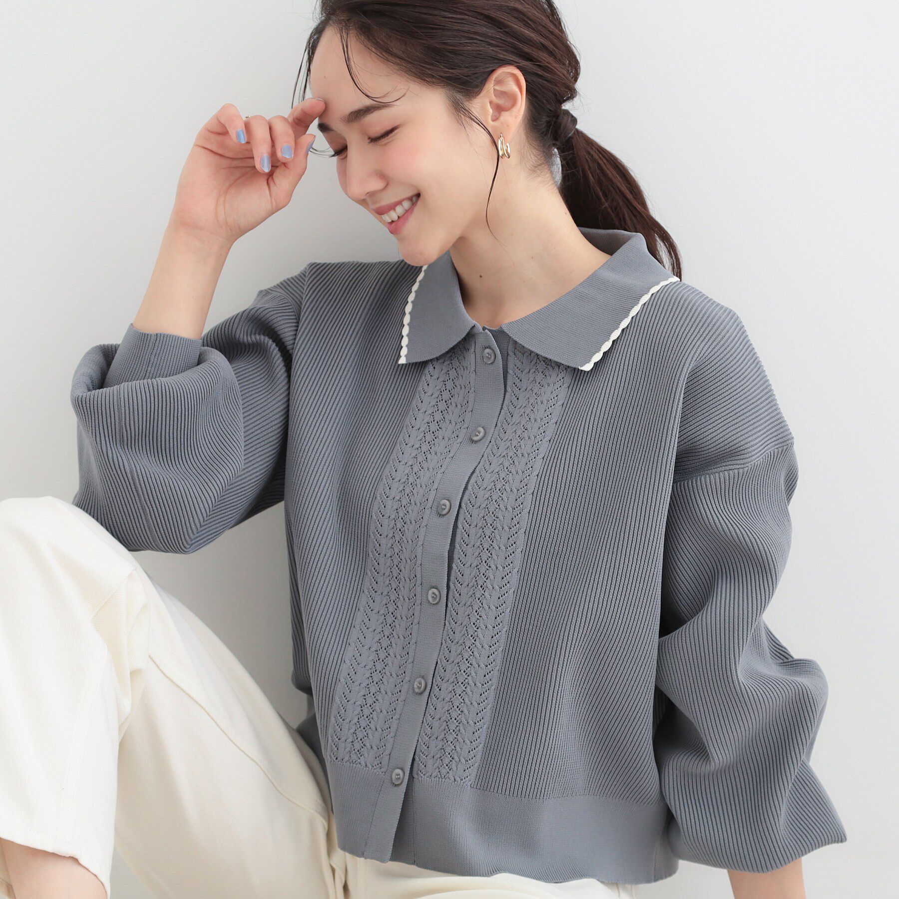 SHOO･LA･RUE「襟付きレース風カーディガン」|カーディガン|グレー(012)