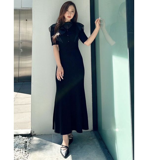 MERCURYDUO「2WAYオーガンジードッキングラッフルニットワンピース」|ワンピース|