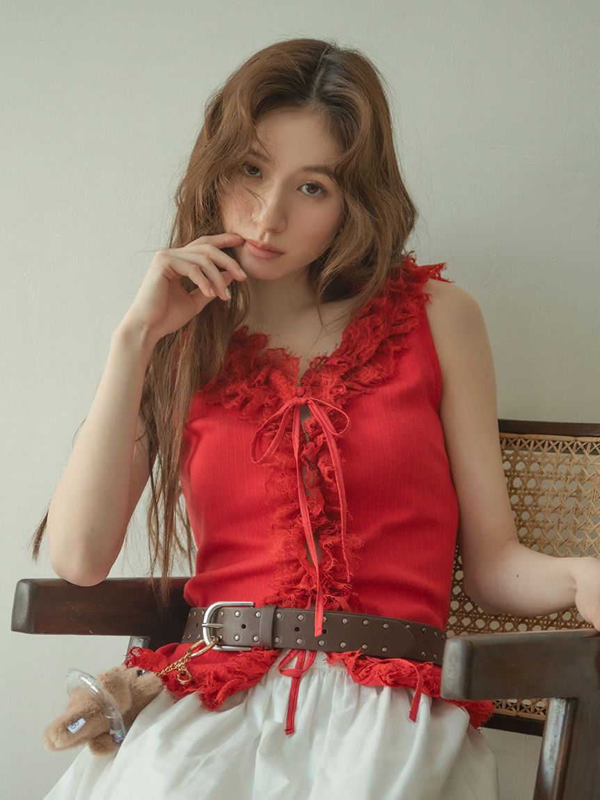 LILY BROWN「レースフリルコンビカットトップス」|Tシャツ・カットソー|RED