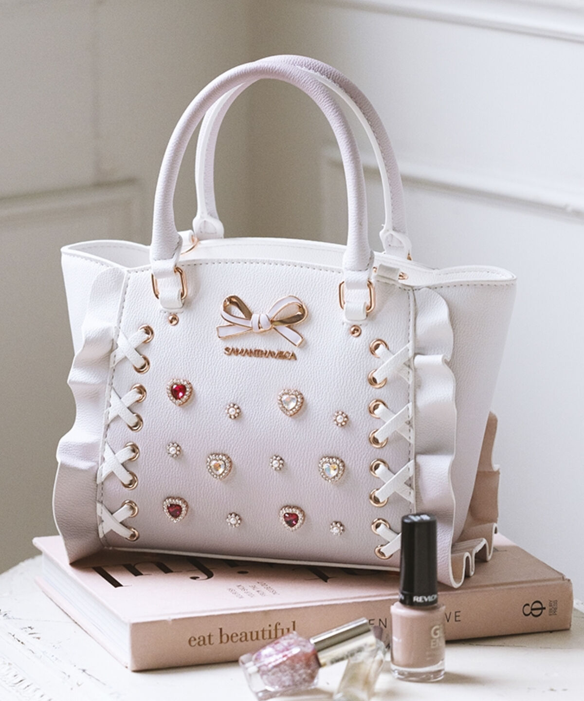 Samantha Vega「レースアップハートビジューグラデーションフラッタ―(ミニ)」|ショルダー・メッセンジャー|ピンク